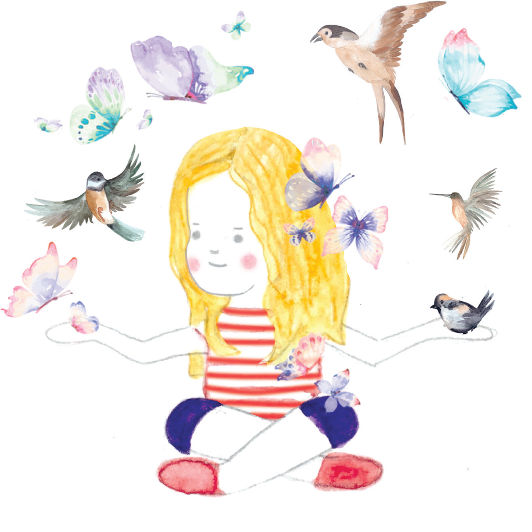 Ilustración niña y pájaros